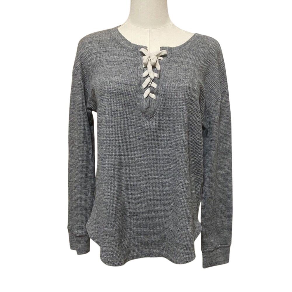 Splendid Thermal Top Medium Gray Waffle Knit Lace Up Casual Cozy